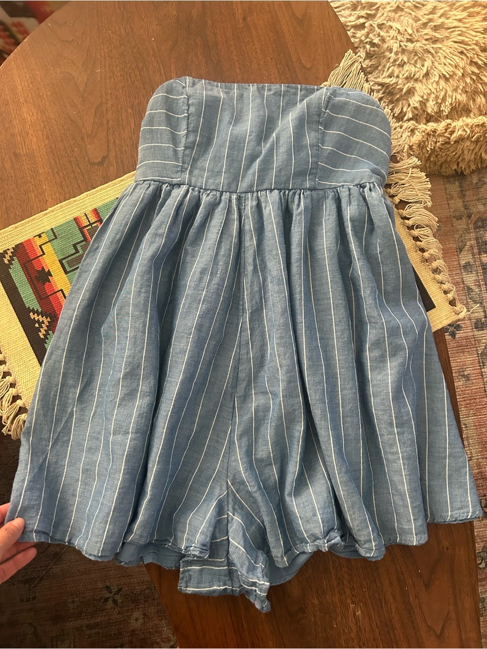American Eagle Outfitters Light Blue & White Striped Strapless Dress